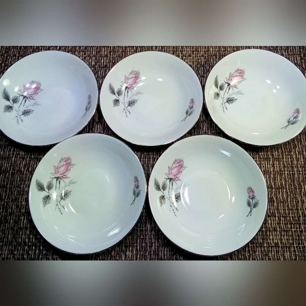 5 Vintage Silver Rose Czechoslovakian Bohemian Fine China Fruit Nut Candy Bowls
